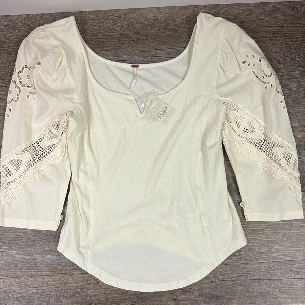 NEW Free People Brunch Date Knit V-Neck 3/4 Puffed Sleeve Top XL